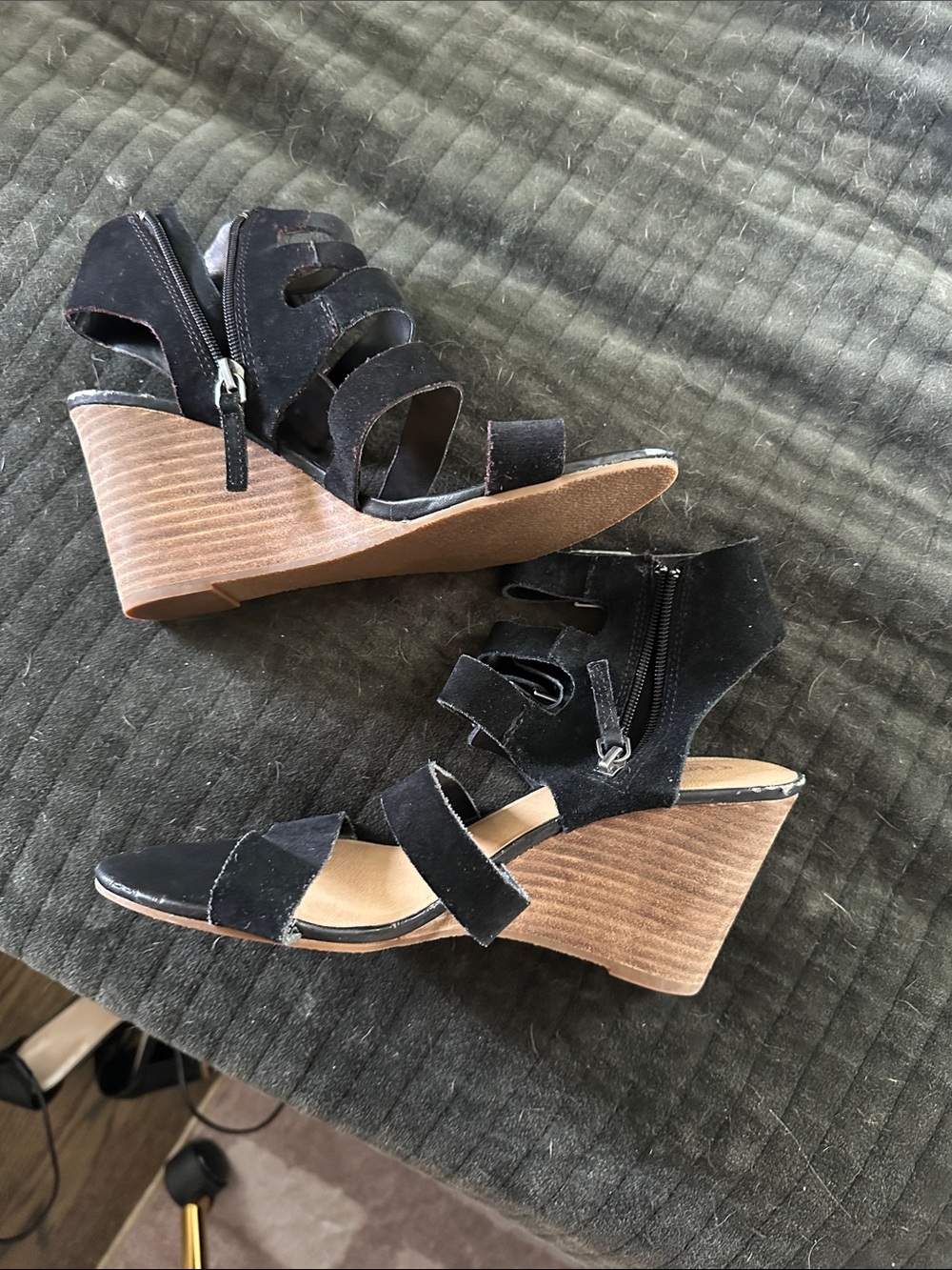 Crown vintage Strappy Black Suede Wedge Sandals with Side Zip
